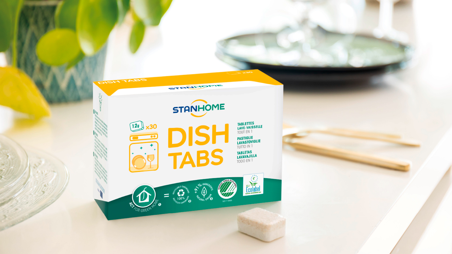 Nouveau packaging pour le produit DISH TABS de Stanhome de la gamme cuisine