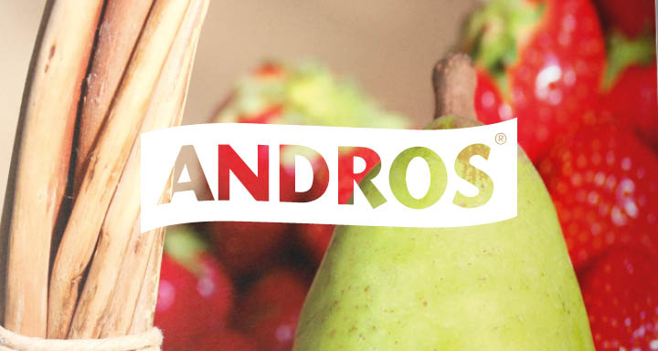 Logo Andros sur fond de photographies avec des fruits